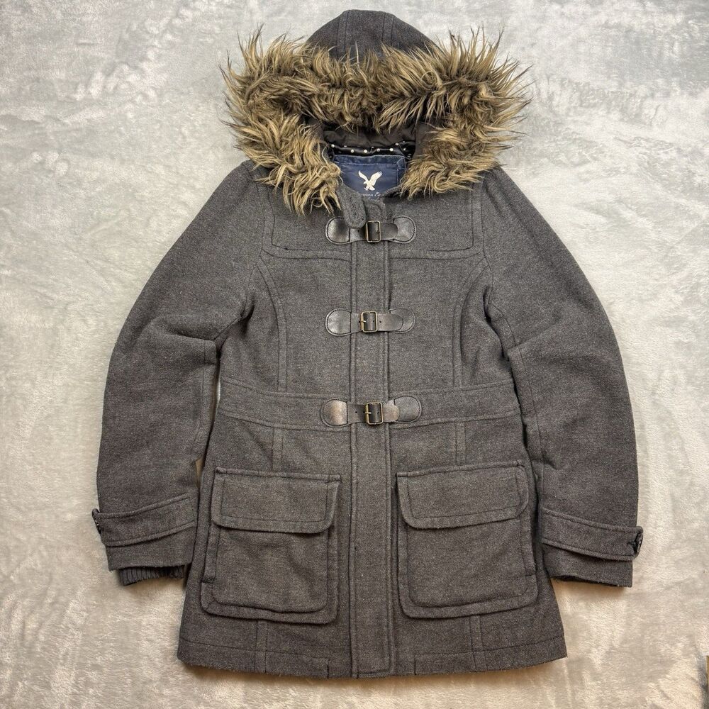 American Eagle Women’s Medium Gray Wool Blend Duffle Coat Faux Fur Hood Y2K